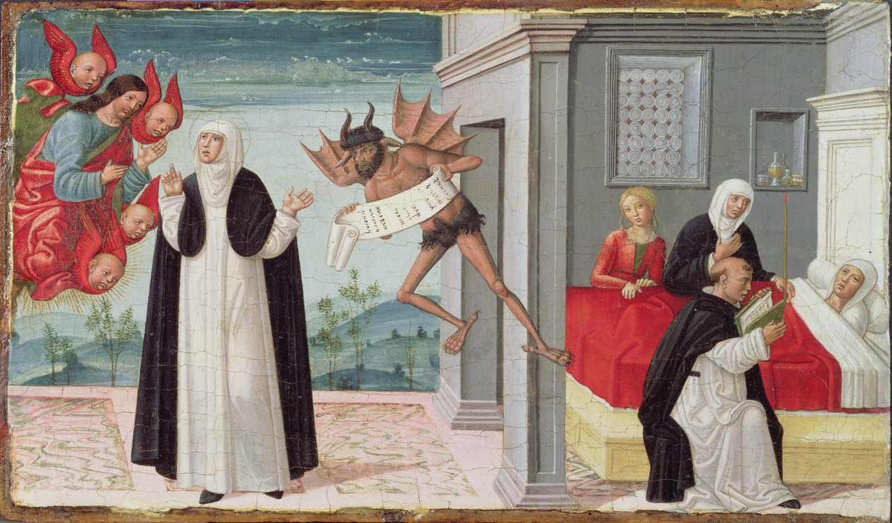 Den heliga Katarina av Siena går i förbön med Kristus för att befria den döende systern Palmerina från hennes pakt med djävulen (tempera på panelen) av Gerolamo di Benvenuto