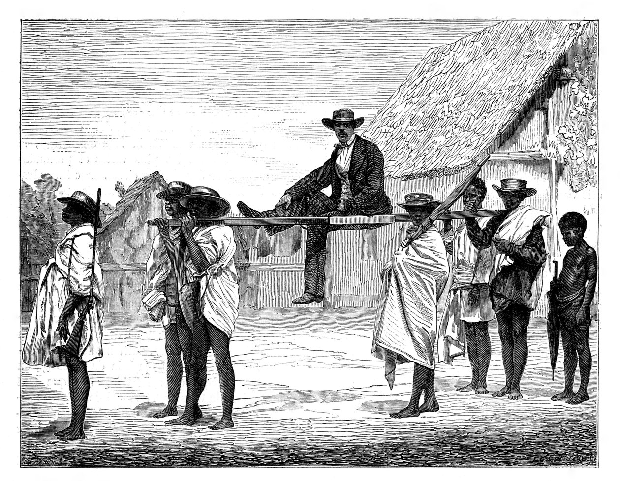 Afrikanska infödda bär på en vit man, Afrika, 1800-talet. av Gerome Staal