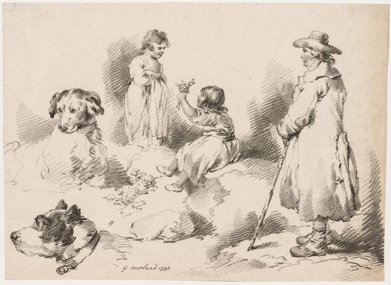 Studier av barn, två små flickor, två hundar, en man, 1793. av Gerrard Street J. Harris Soho