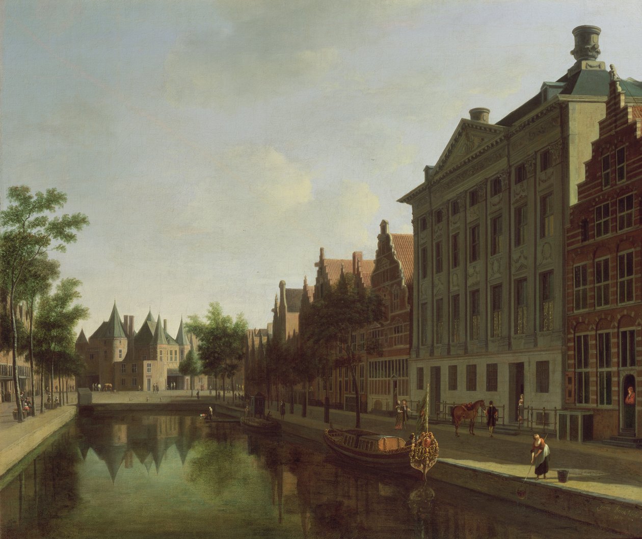 Utsikt över Kloveniersburgwal i Amsterdam, med Waag, och pråm förtöjd framför Trippenhuis till höger, 1685 av Gerrit Adriaensz Berckheyde