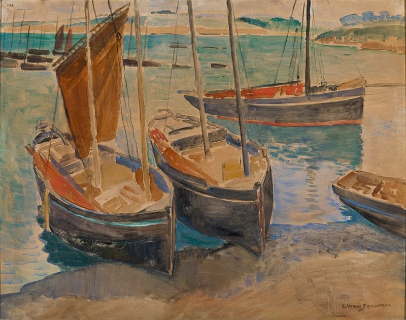  Port with ships in BrittanynPortugues: Porto com Navios na Bretanhan av Gerrit Willem van Blaaderen