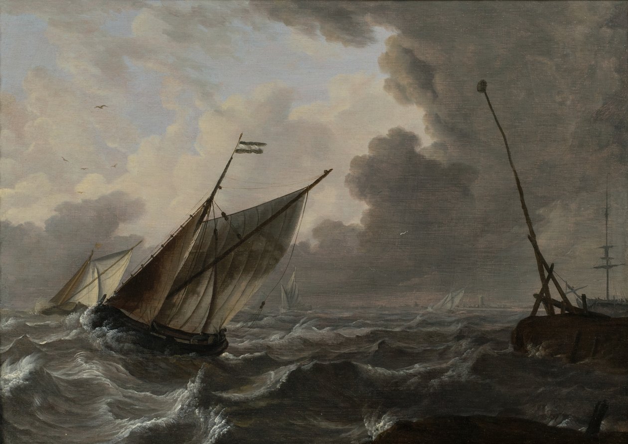 Segelfartyg i en grov sjö av Gerrit (attr. to) Pompe