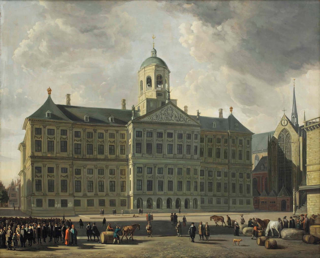 Utsikt över dammen med det nya rådhuset, Nieuwe Kerk och Waag, Amsterdam av Gerrit Adriaensz Berckheyde