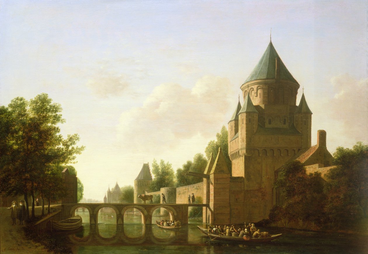 Kvällsutsikt över Kleine Houtpoort i Haarlem (panel) av Gerrit Adriaensz Berckheyde