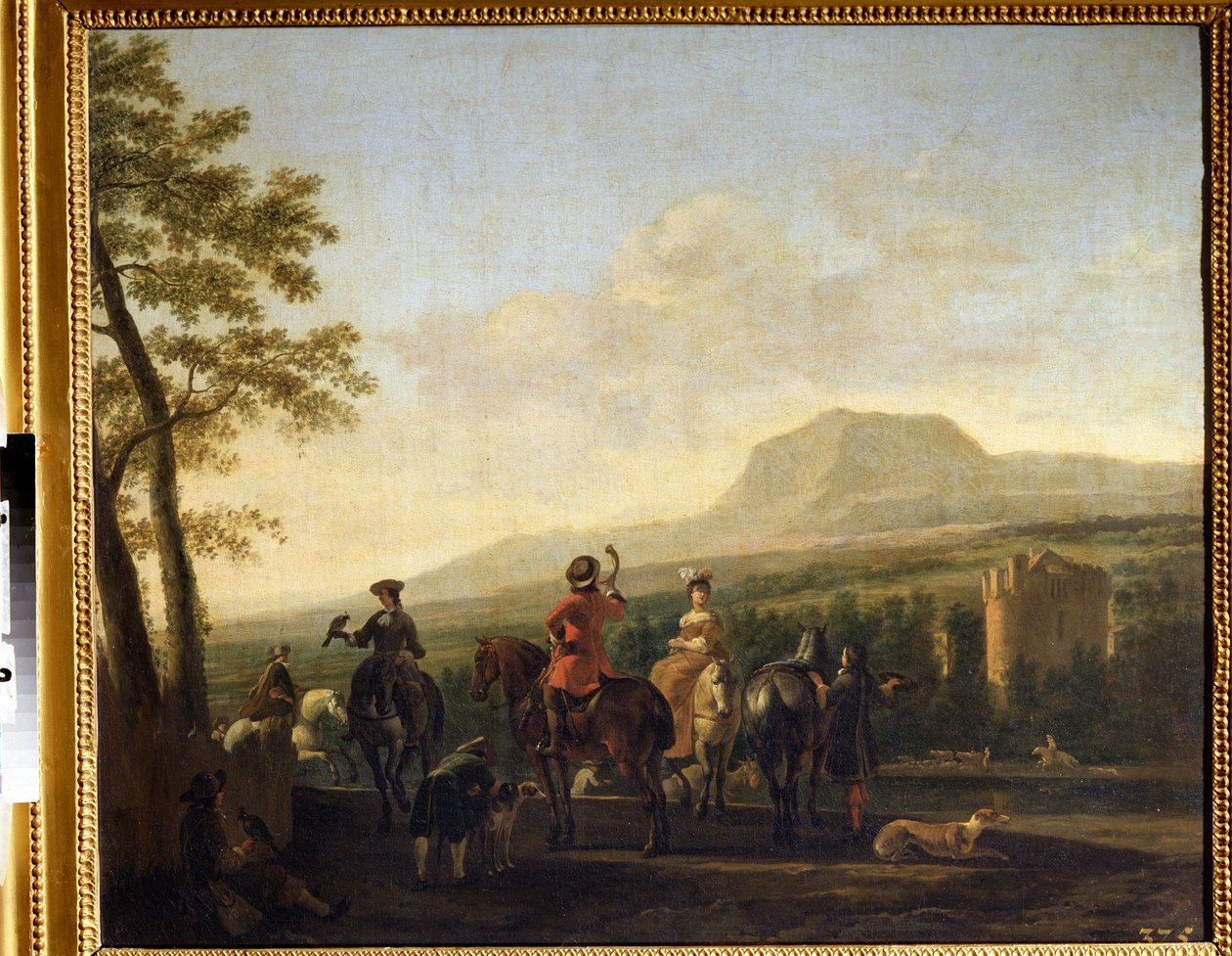 ""Falkejakten"" (falkejakt) Målning av Gerrit Adriaensz Berckheyde (1638-1698) 1600-talets Pushkin-museet Moskva av Gerrit Adriaensz Berckheyde