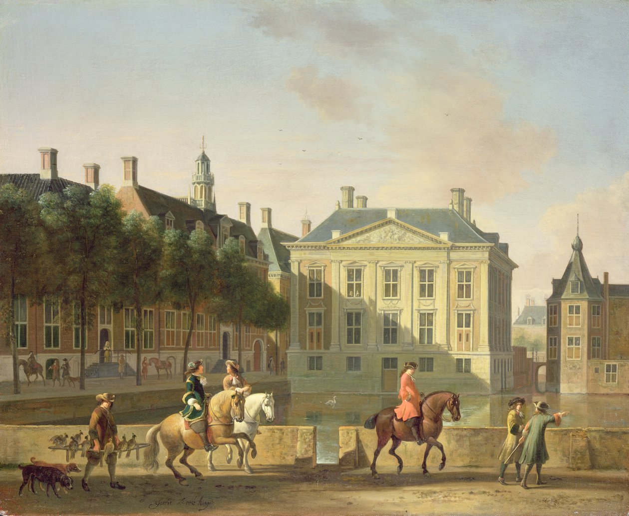 Mauritshuis från Langevijverburg, Haag, med en hökargrupp i förgrunden. av Gerrit Adriaensz Berckheyde
