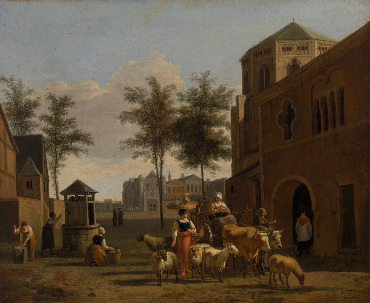 Utsikt över en stad med figurer, getter och vagn framför en kyrka av Gerrit Adriaensz. Berckheyde