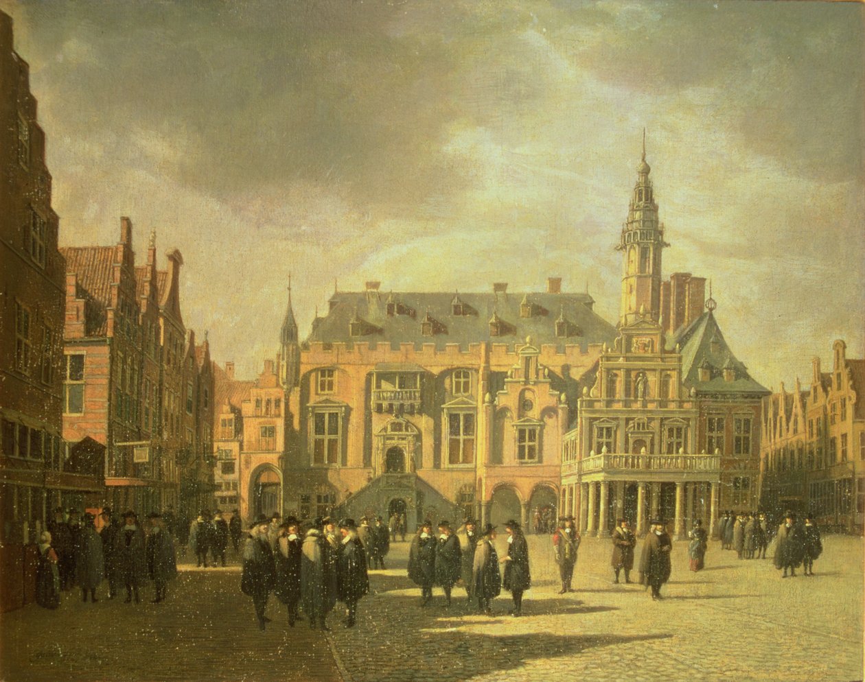 Utsikt över rådhuset på torget i Haarlem av Gerrit Adriaensz Berckheyde