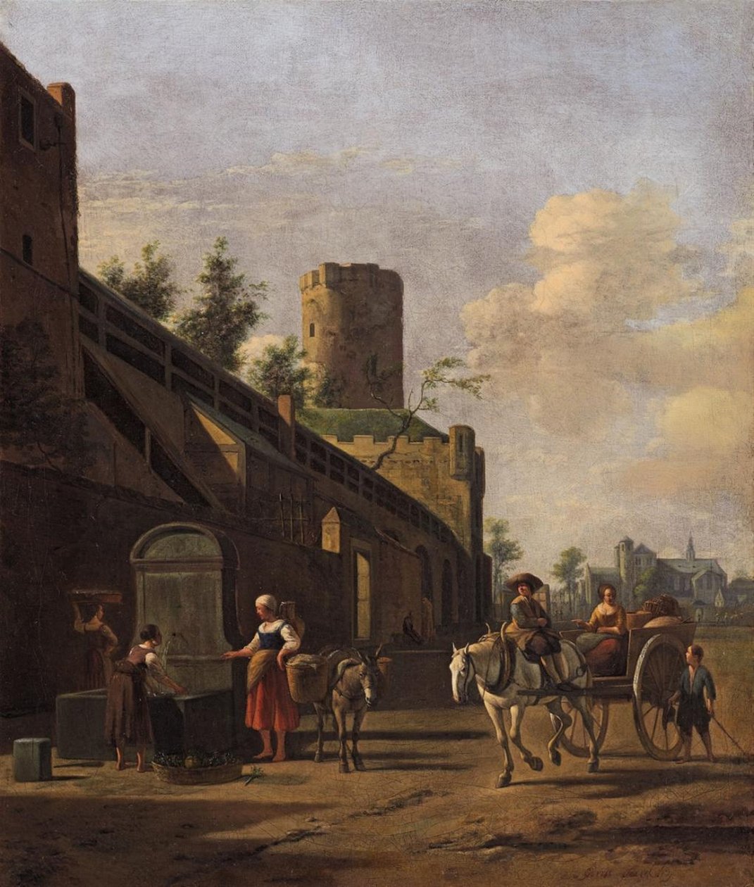 Kölns stadsmur med bönder och resenärer i närheten, S:t Pantaleons kyrka i bakgrunden av Gerrit Adriaenszoon Berckheyde