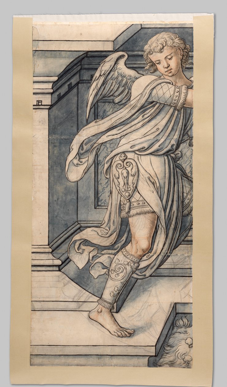 Ängel. Fragment av kartong för det målade glasfönstret i västra fasaden av Joris van Egmond (biskop av Utrecht 1535-1559) för Sint Bavo-kyrkan i Haarlem av Gerrit Boels (workshop of)
