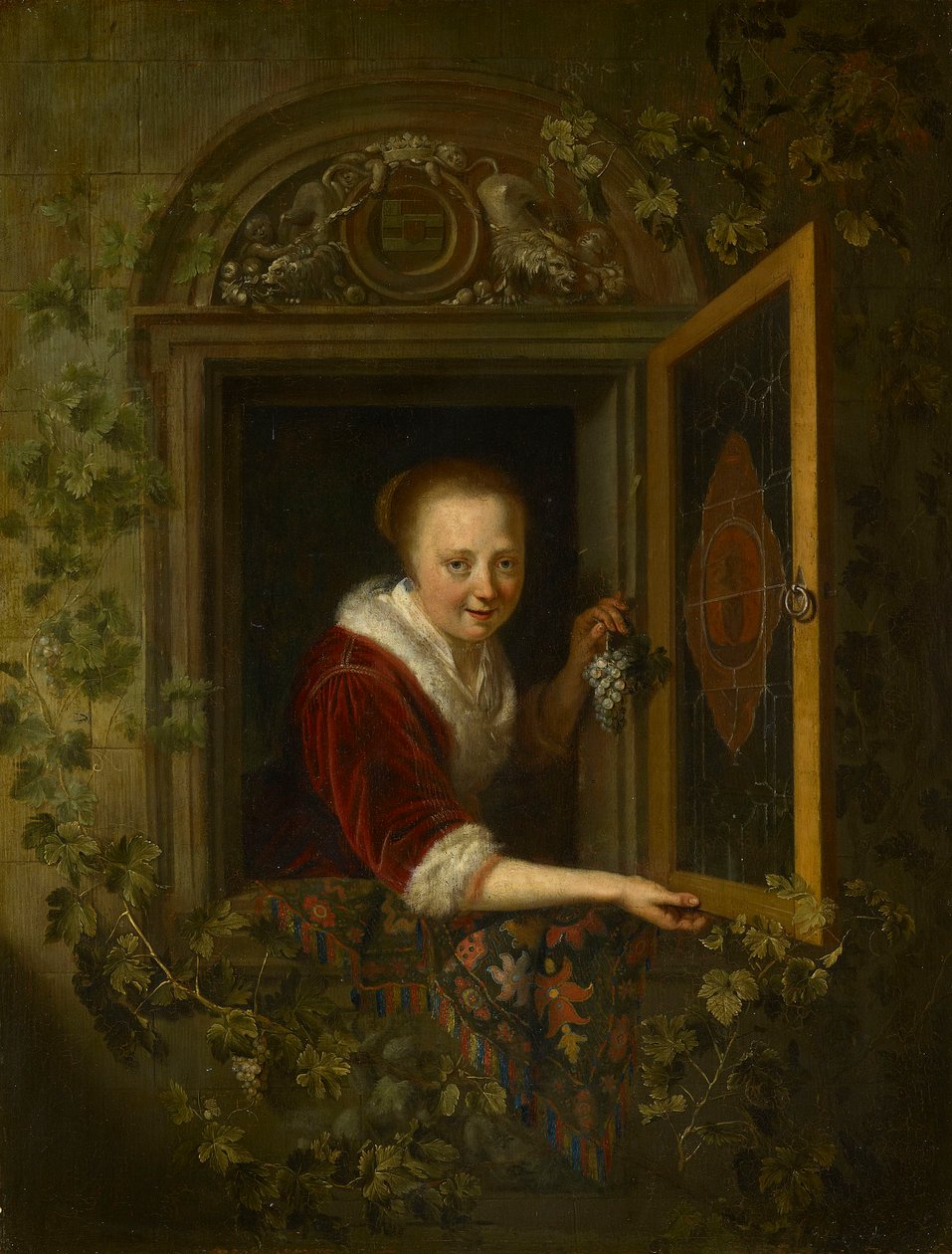 En flicka med en klase vindruvor vid ett fönster av Gerrit Dou