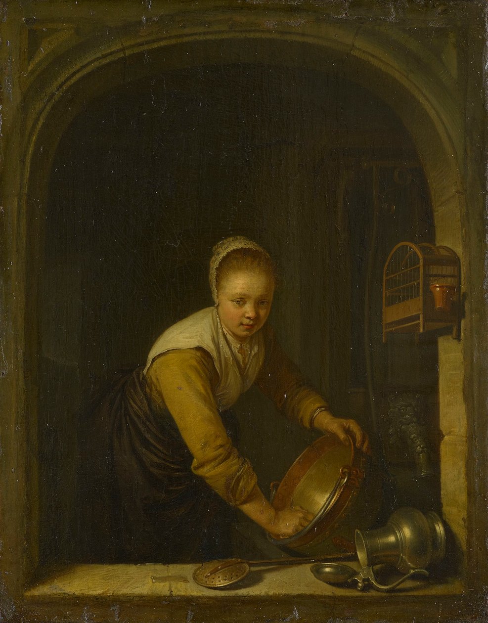 En tjänsteflicka skurar en mässingspanna vid ett fönster av Gerrit Dou