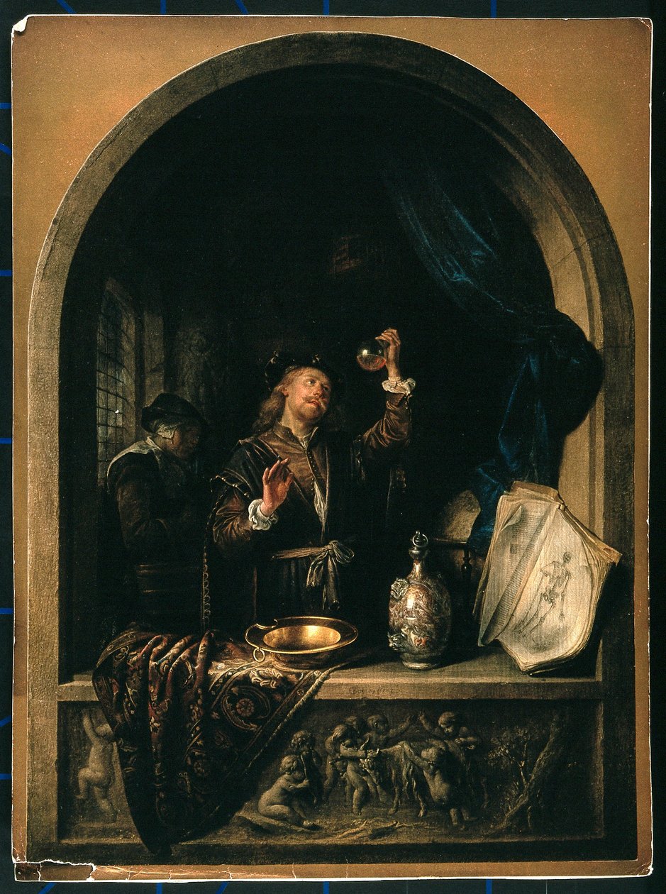En läkare undersöker ett urinprov från en äldre kvinna. av Gerrit Dou