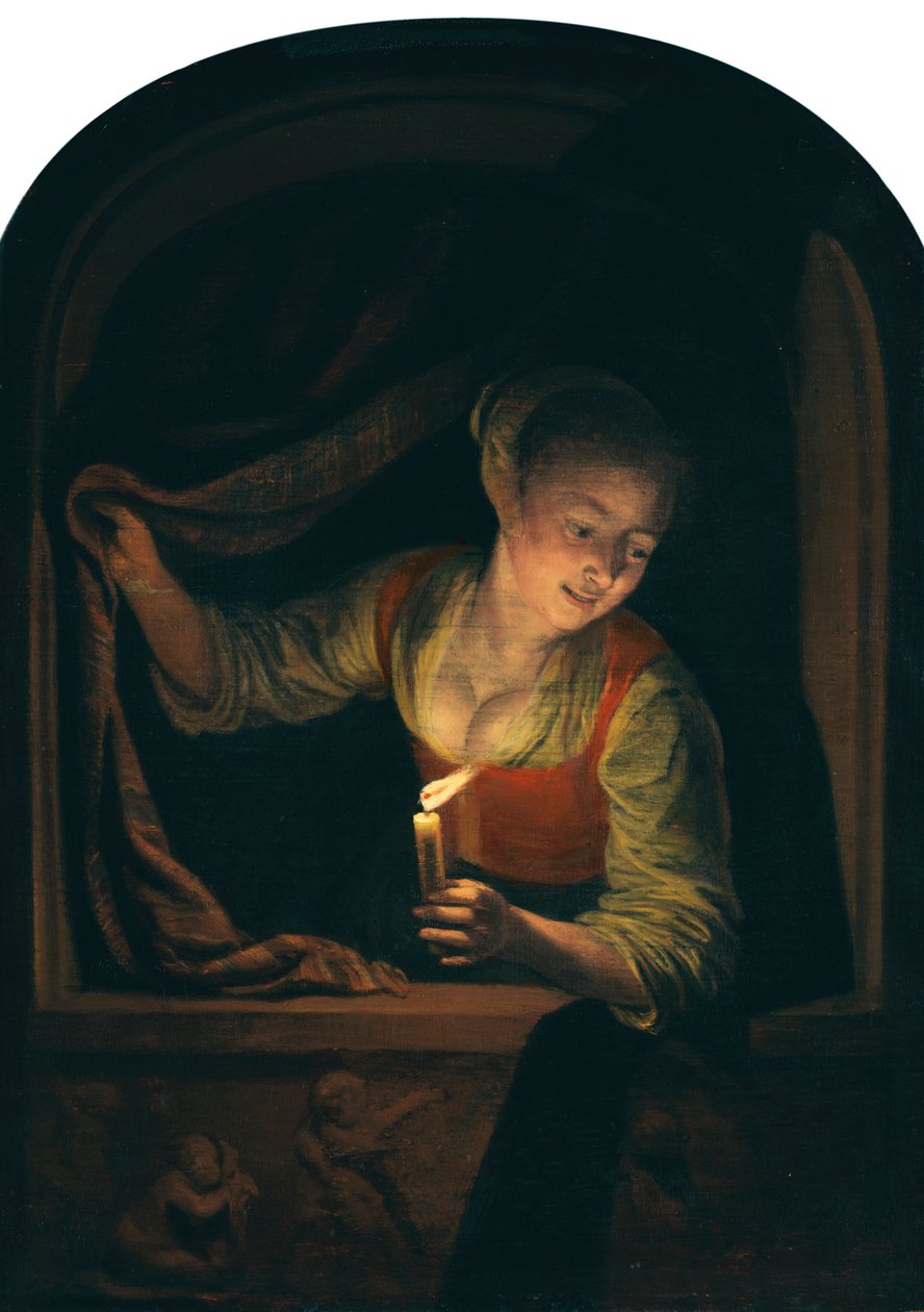 Holländska: Ung kvinna med ett tänt ljus vid ett fönster av Gerrit Dou