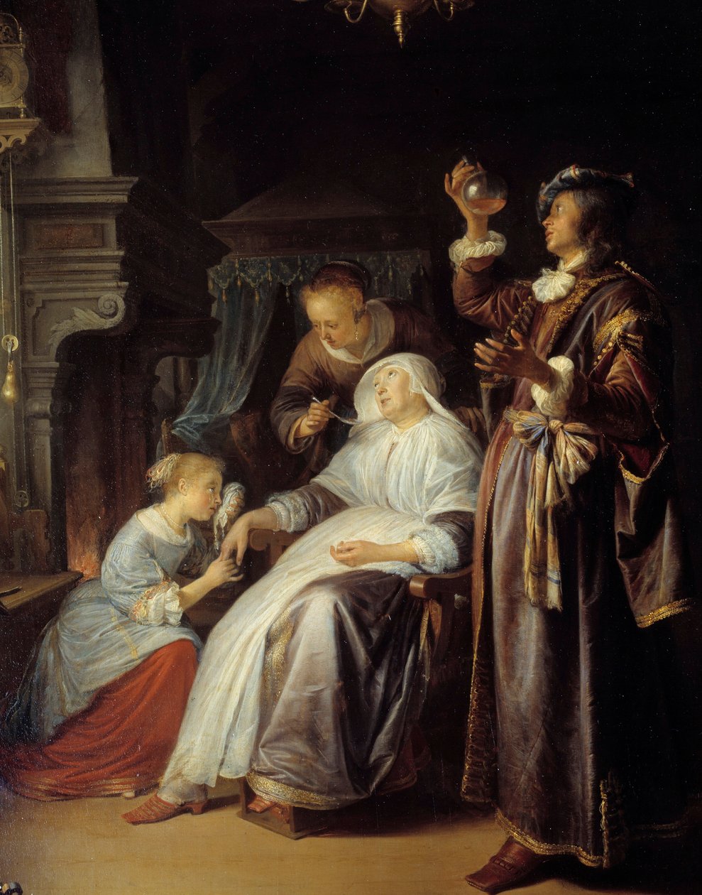 Den hydropiska kvinnan. En läkare undersöker urinen från en kvinna med vattusot. Detalj. Målning av Gerard Dou (1613-1675) av Gerrit Dou