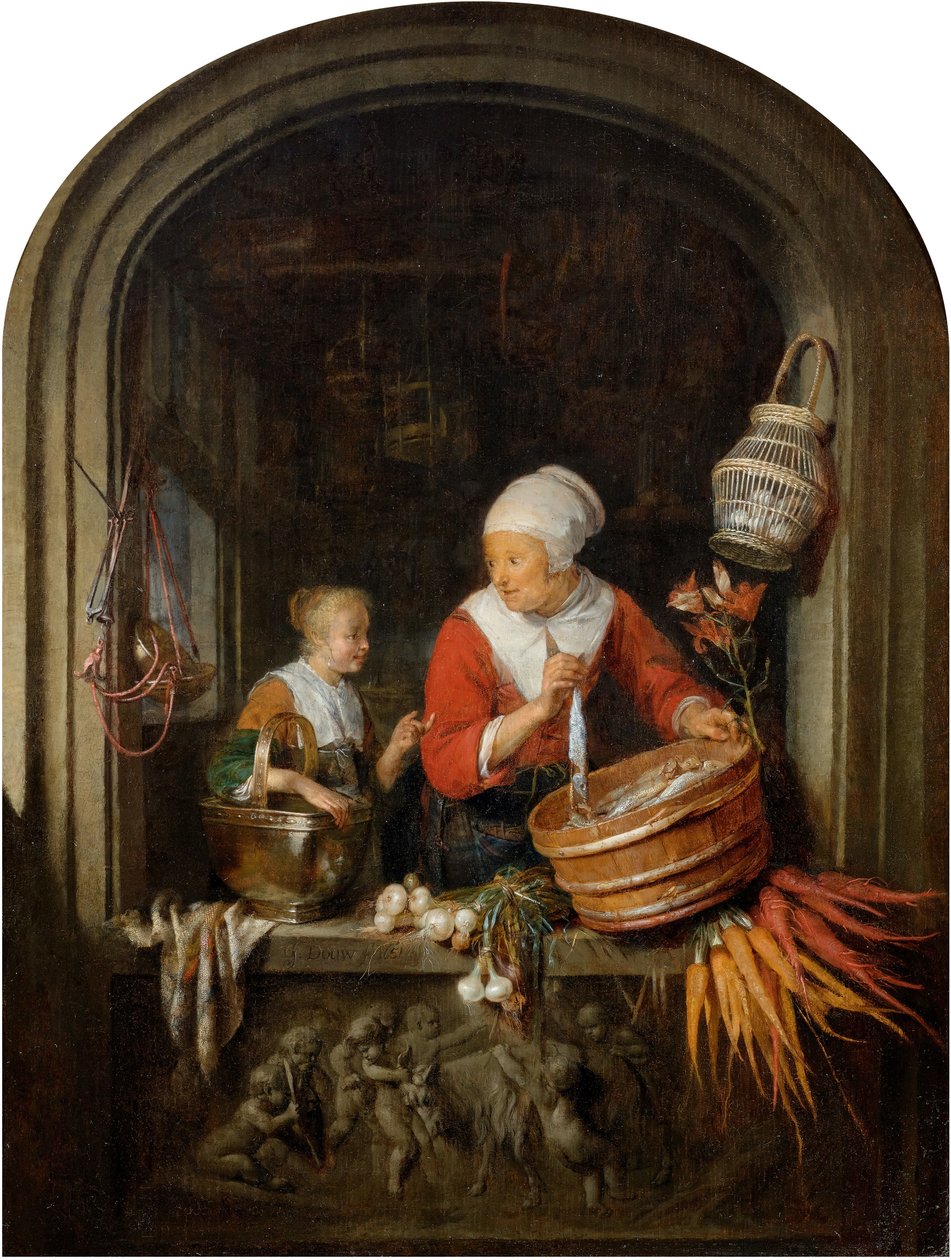 Kvinna som säljer sill och flicka i ett fönster av Gerrit Dou