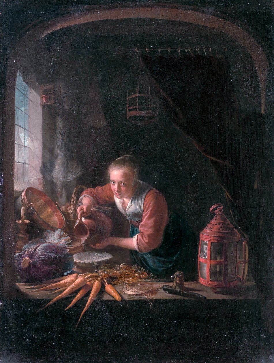 Ung kvinna häller upp vatten ur en kanna av Gerrit Dou