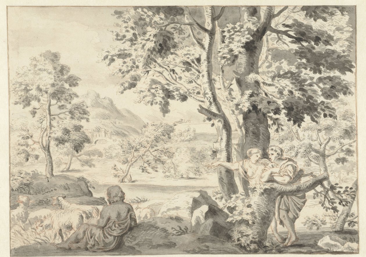 Skogbevuxen landskap med en herde, en man och en kvinna av Gerrit Grasdorp (possibly)