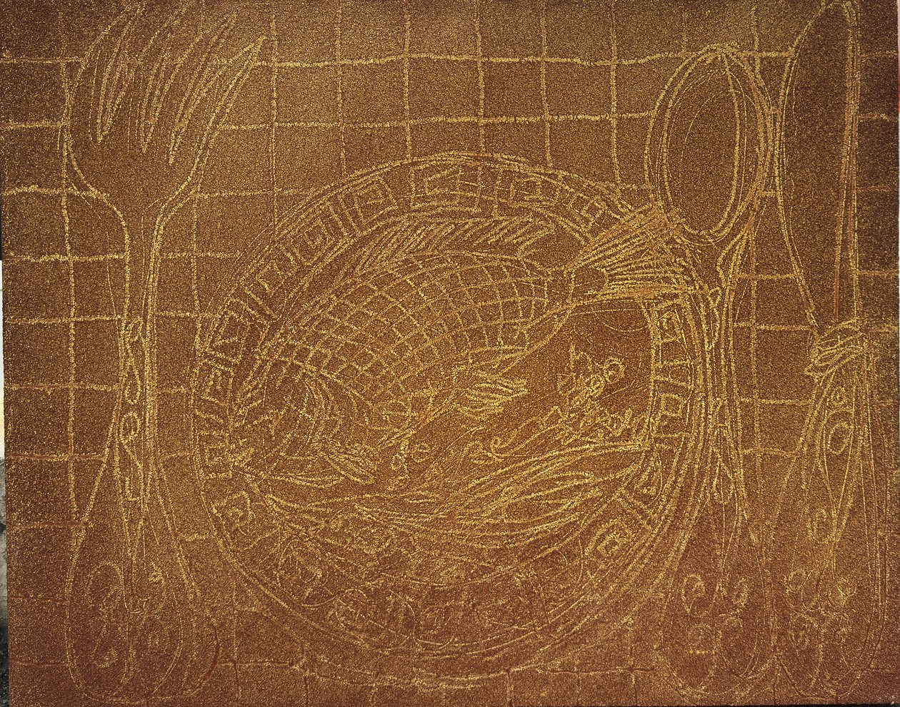 Visdiner (Stilleben med fiskplatta). 2010 (sand och akryl på duk) av Gerrit Greve