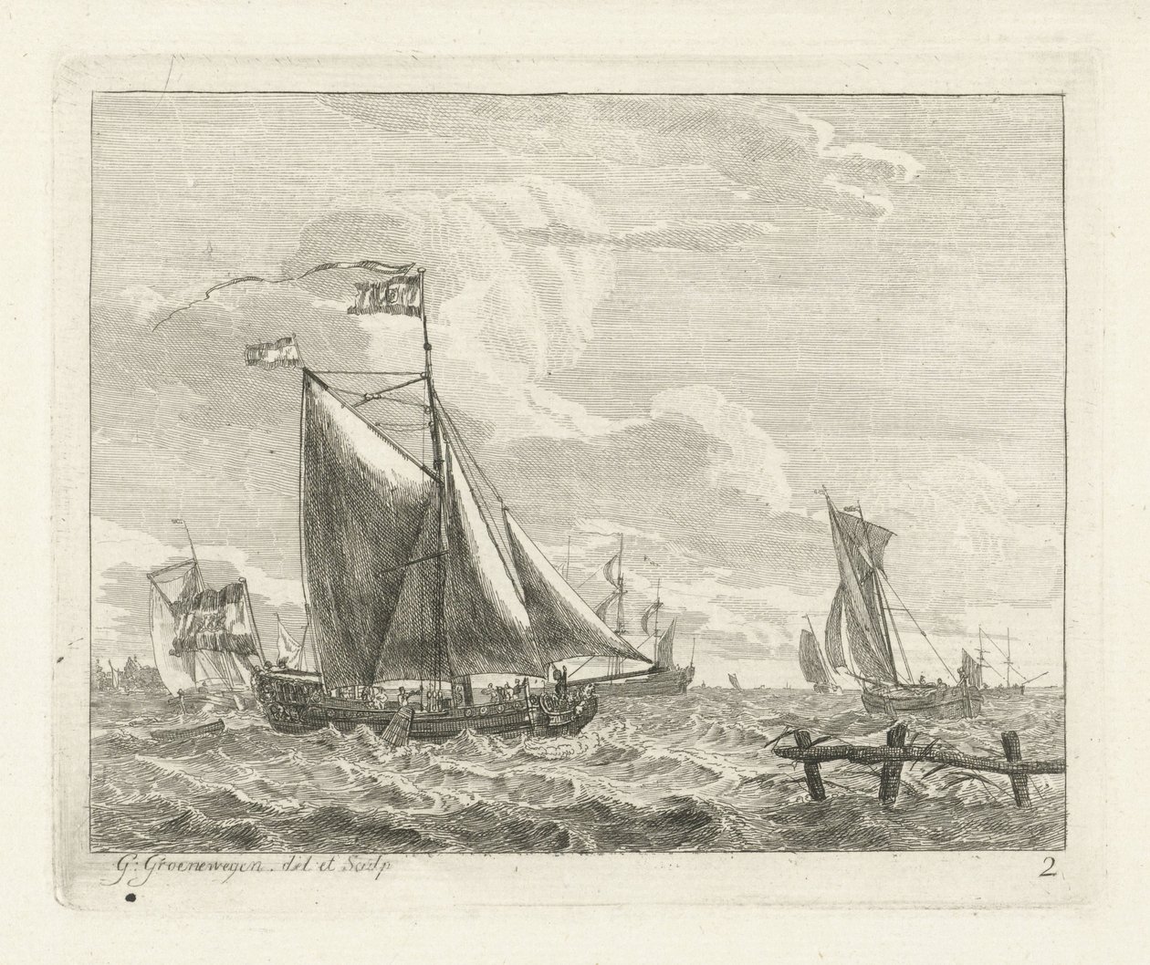 Åtta segelfartyg på grovt vatten Havslandskap med skepp (serietitel) av Gerrit Groenewegen
