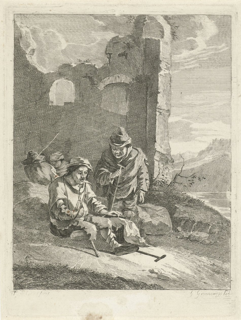 Fyra figurer vid en ruin av Gerrit Groenewegen