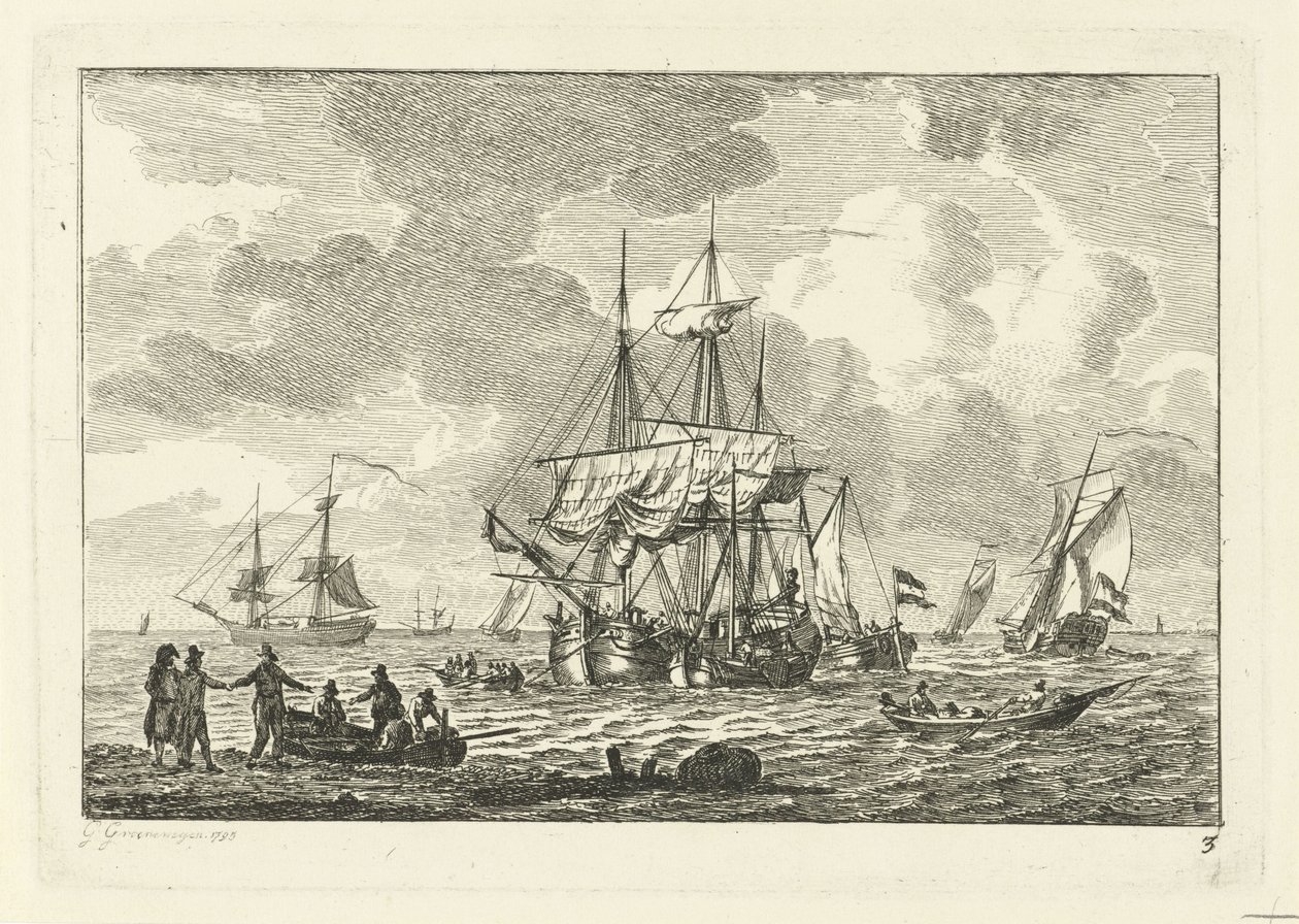Seascape med tre-master Olika fartyg på vattnet (serietitel) av Gerrit Groenewegen