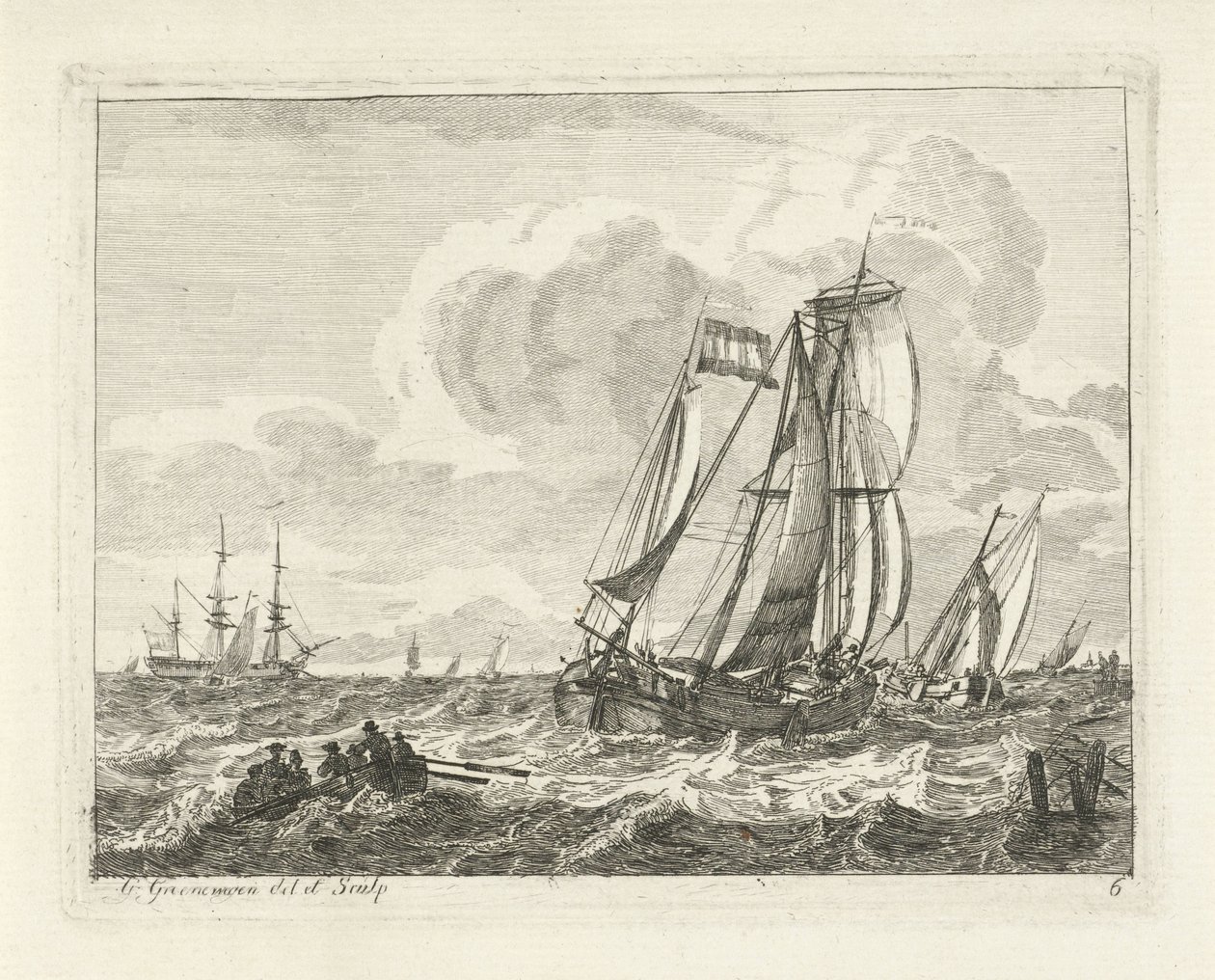 Segelfartyg och en roddbåt på öppet vatten Havslandskap med skepp (serietitel) av Gerrit Groenewegen