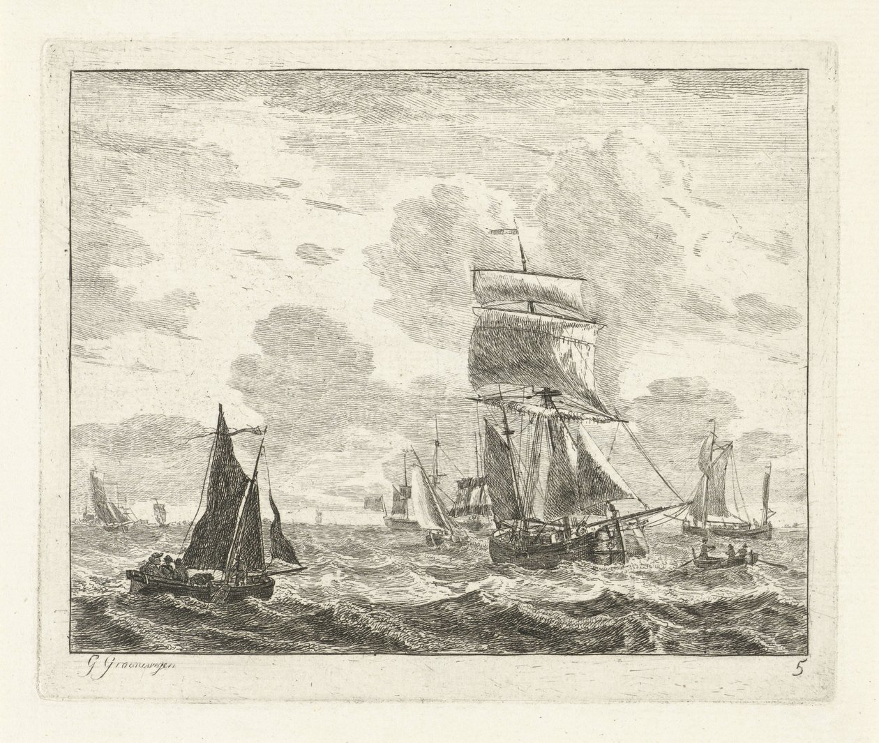 Segelfartyg på oroliga vatten Havslandskap med skepp (serietitel) av Gerrit Groenewegen