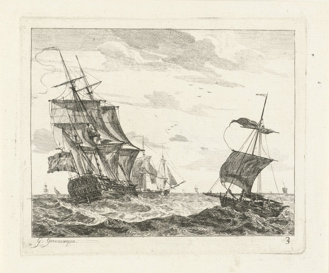 Segelfartyg på oroliga hav Havslandskap med skepp (serietitel) av Gerrit Groenewegen