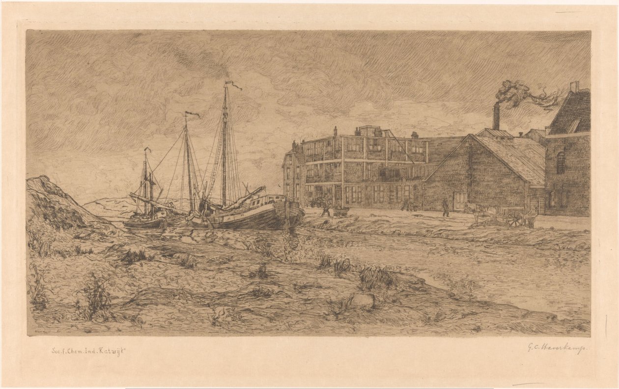Förtöjda pråmar på en fabrik av Gerrit Haverkamp (signed by artist)