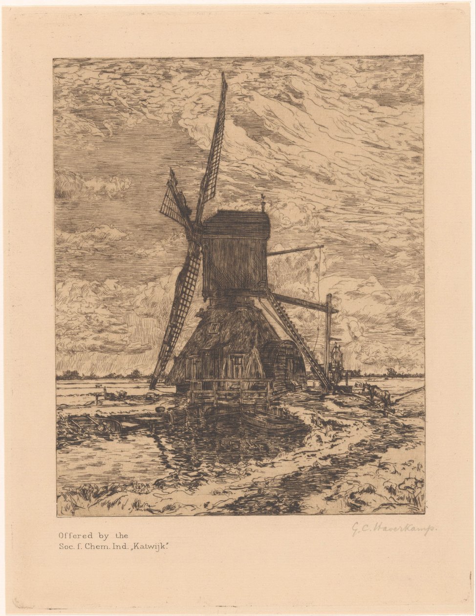 Kvarn i ett platt landskap av Gerrit Haverkamp (signed by artist)