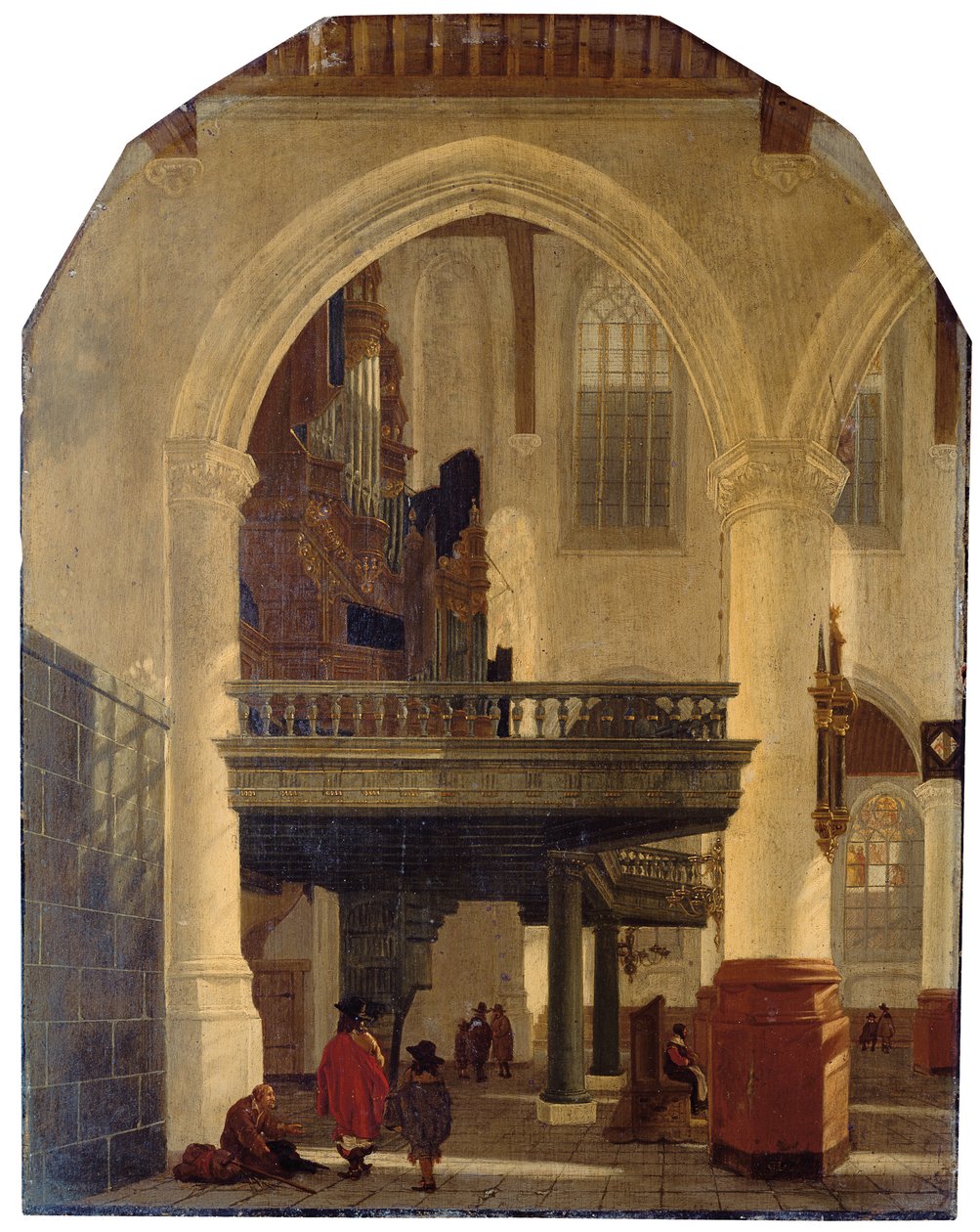 Den västra änden av Oude Kerk, Delft, från södra gången till norr med orgelloftet av Gerrit Houckgeest