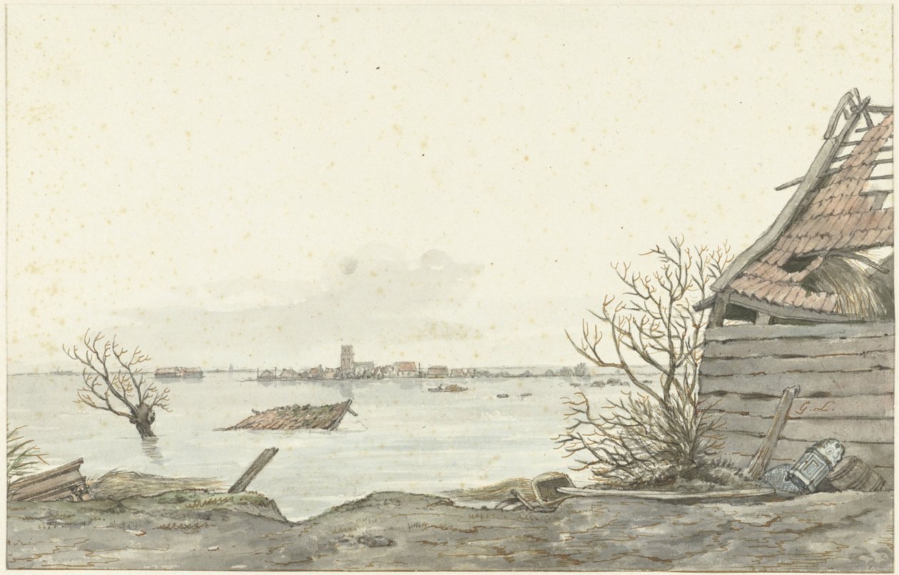 Utsikt över det översvämmade Ransdorp, februari 1825 av Gerrit Lamberts