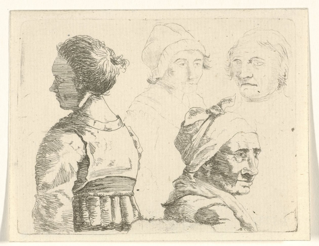 Studieblad med en honbyst och tre honhuvuden av Gerrit Lamberts