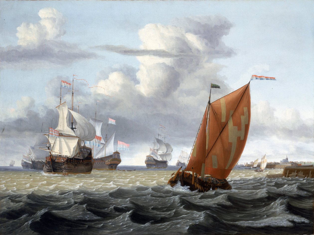 Navigation utanför en holländsk hamn, med ett kyrktorn och några byggnader, troligen Enkhuizen (Holland) vid Zuiderzee (eller Zuyderzee eller Söderhavet) och beskrivning av en mängd olika fartyg: sillfiskebåt och fartyg från Nederländska Ostindiska Co av Gerrit Pompe