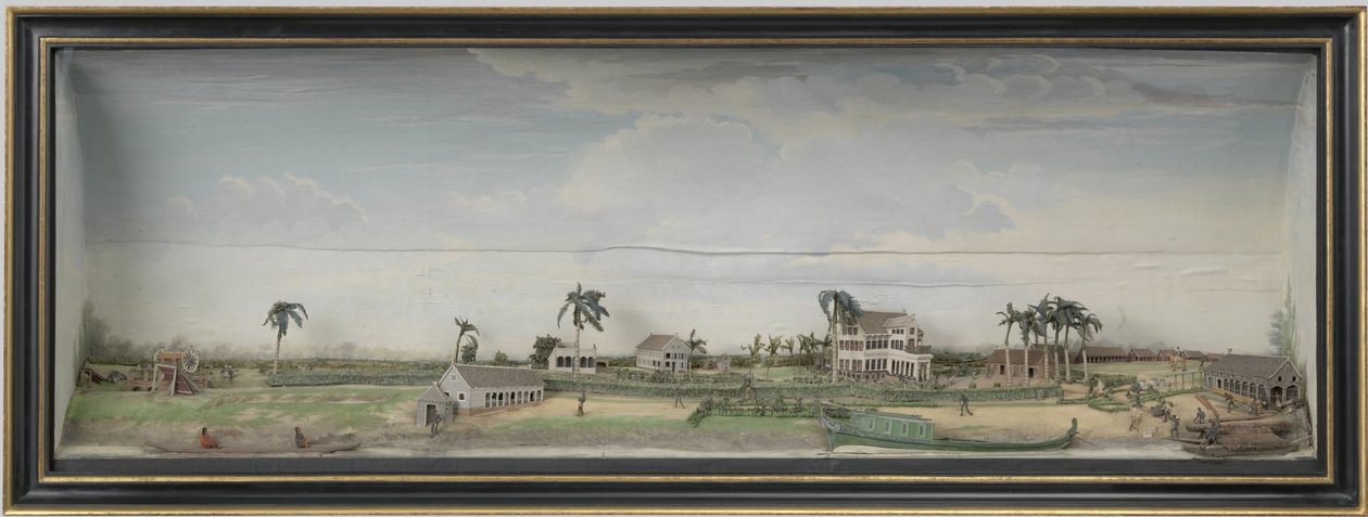 Diorama från Zeezigt kaffe- och bomullsplantagen i Surinam, ca 1815-21 trä och målat papper av Gerrit Schouten