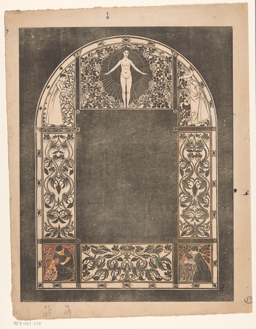 Design för en kalenderram för 1901 med kvinnor och blommor av Gerrit Willem Dijsselhof