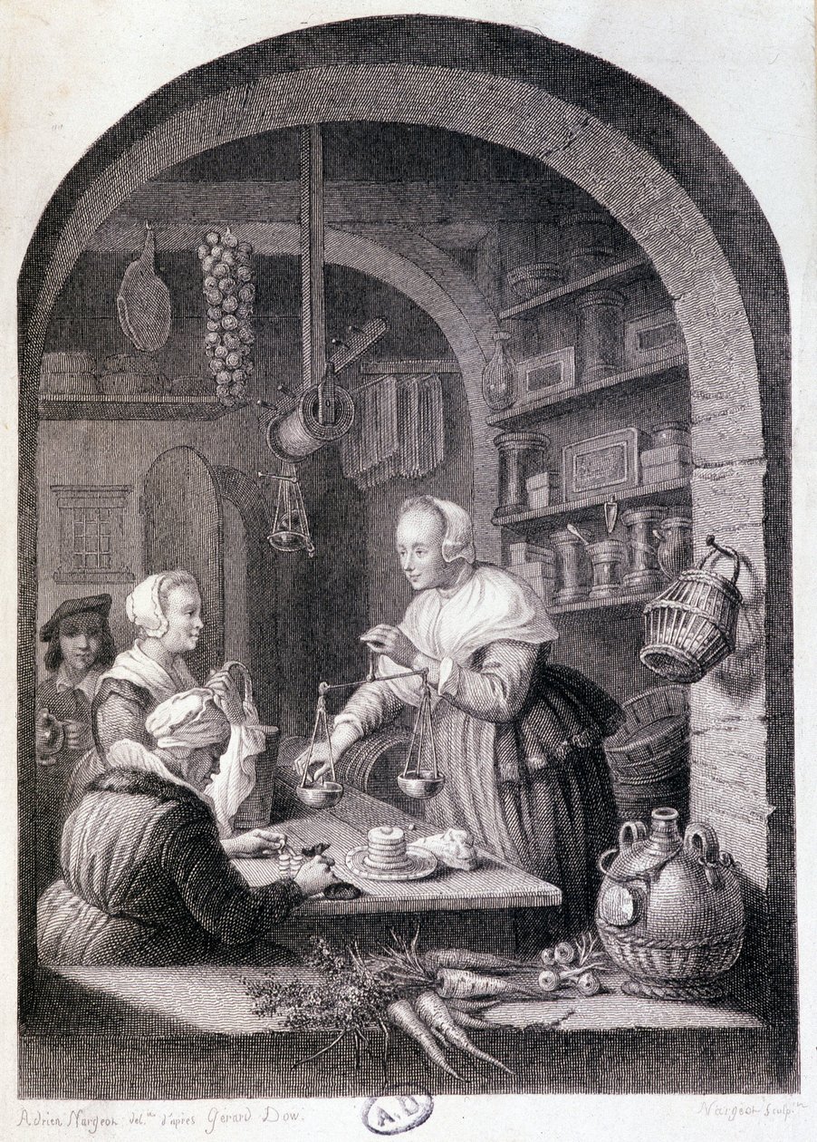 Village livsmedelsbutik vägning med en balans. sd. 1700-talet av Gerrit or Gerard (after) Dou