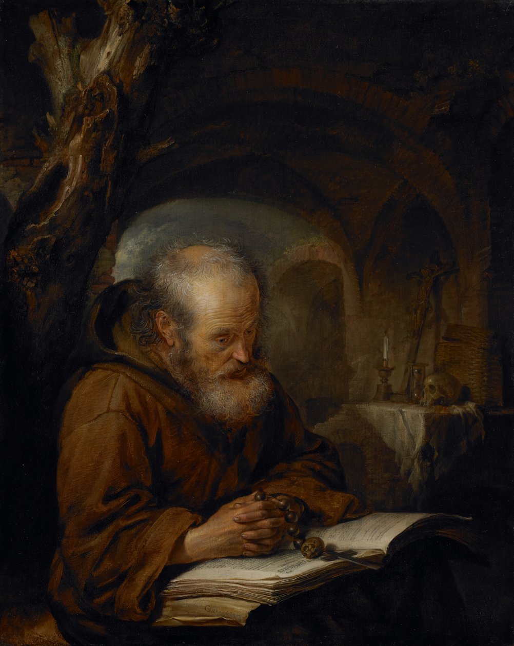 En eremit ber, 1670 av Gerrit Dou