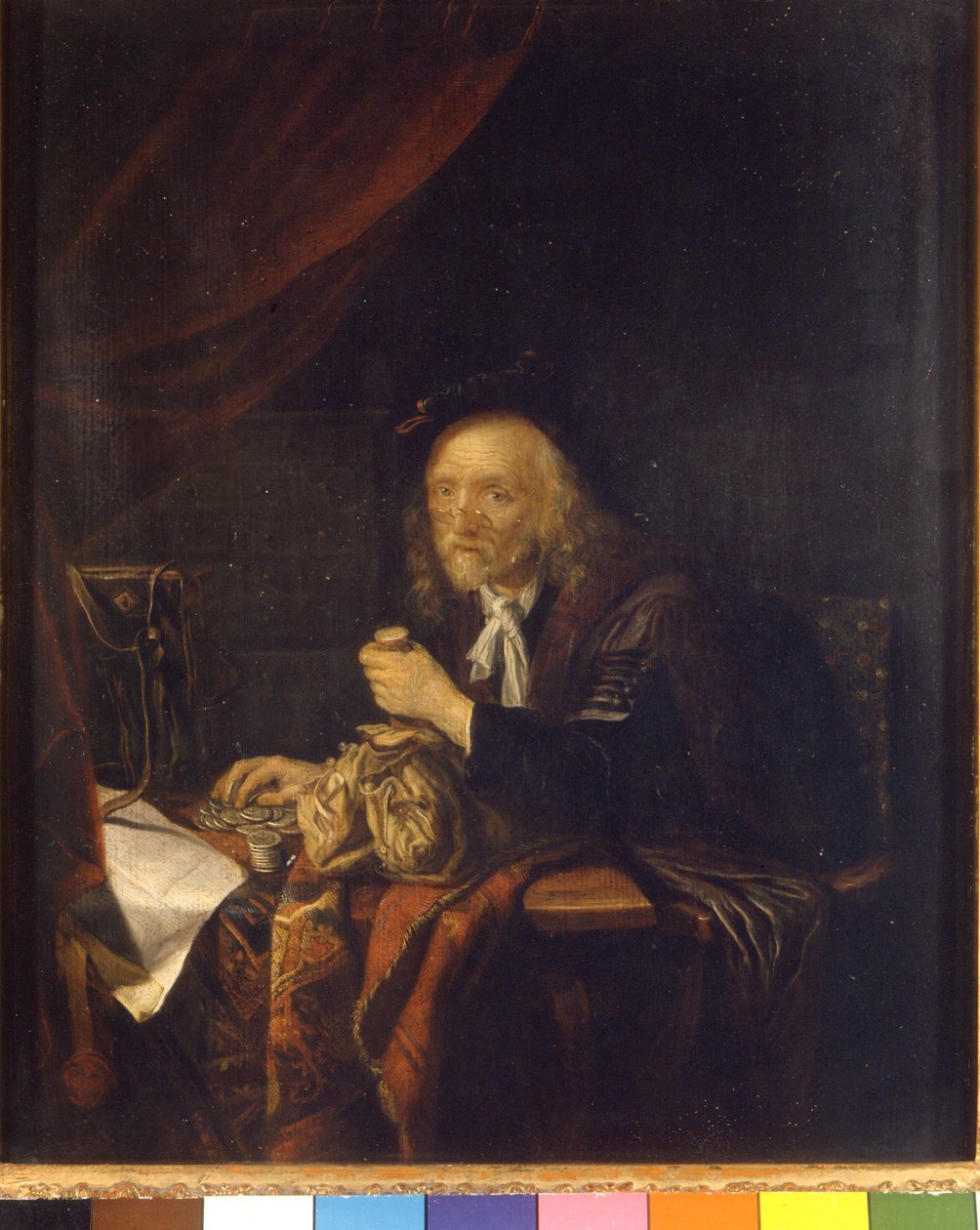 En misstroende man räknar sina pengar genom att hålla en plånbok i handen. Målning av Gerard Dou (eller Gerrit Dow) (1613-1675) 1600-talets Milan Museo del castello av Gerrit Dou