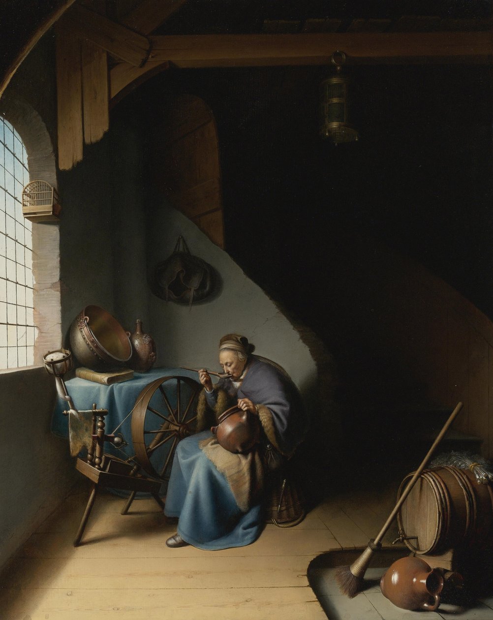 En äldre kvinna vid sitt spinnhjul och äter gröt par Dou, Gerard av Gerrit Dou
