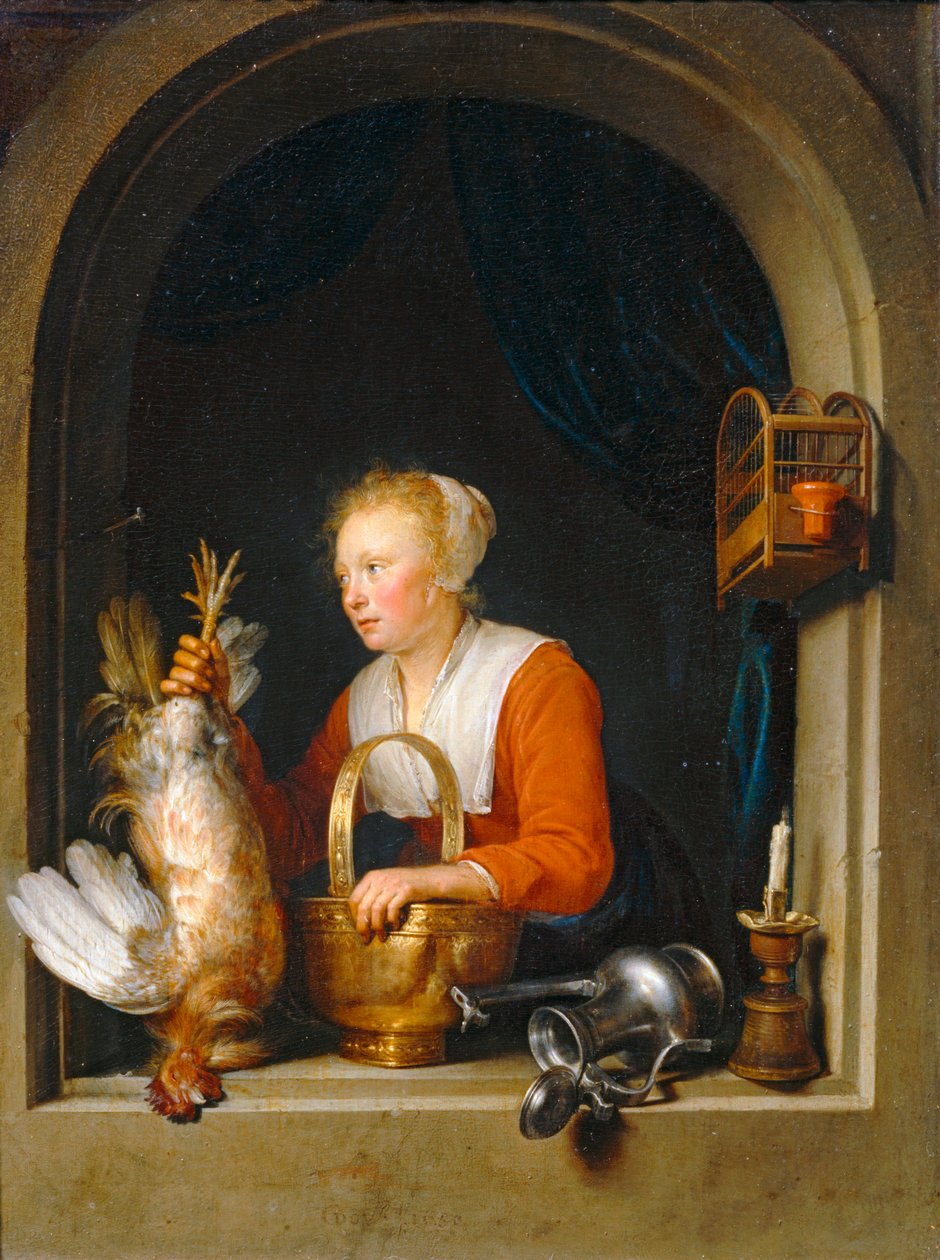 Femme accrochant un coq à sa fenetre, dit aussi La Menagère hollandaise - Kvinna som hänger en tupp i sin vinruta, även kallad den holländska hemmafrun ... av Gerrit or Gerard Dou