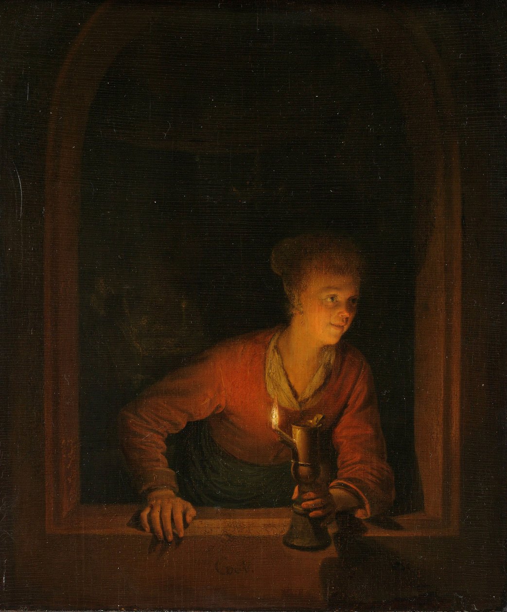 Flicka med en oljelampa vid ett fönster, 1645-75 av Gerrit Dou