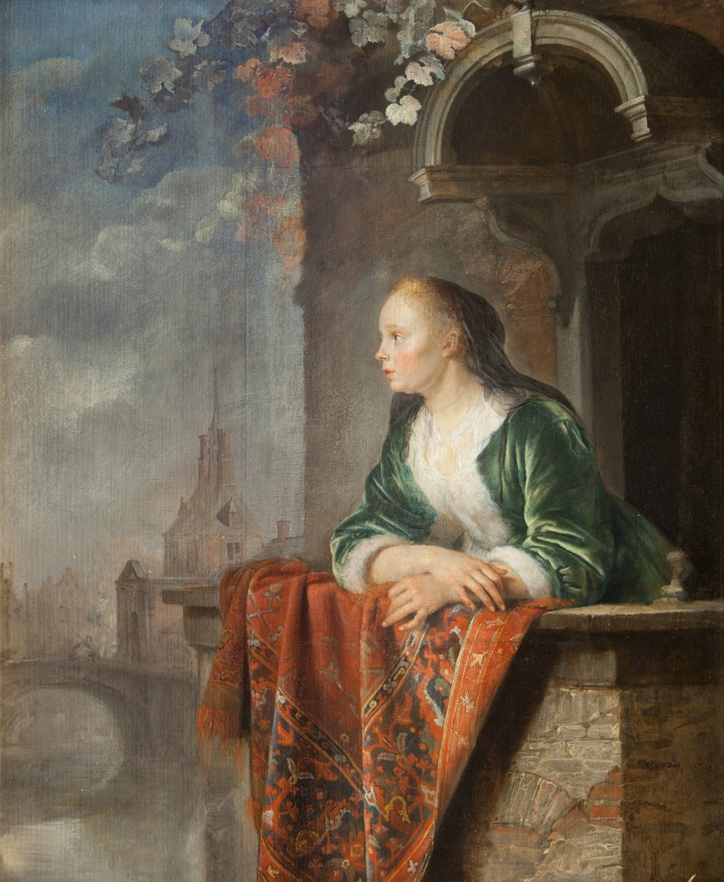 Ung kvinna på en balkong - Ung kvinna på en balkong - Gerard (Gerrit) Dou (1613-1675). Olja på duk, ca 1665. Nationalgalleriet, Prag av Gerrit Dou