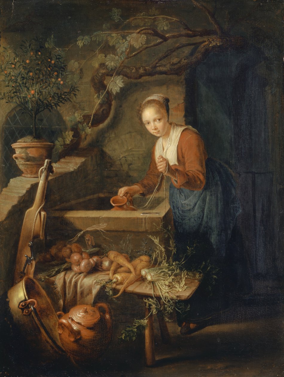 Köksjungfru vid brunnen, ca 1650 av Gerrit Dou