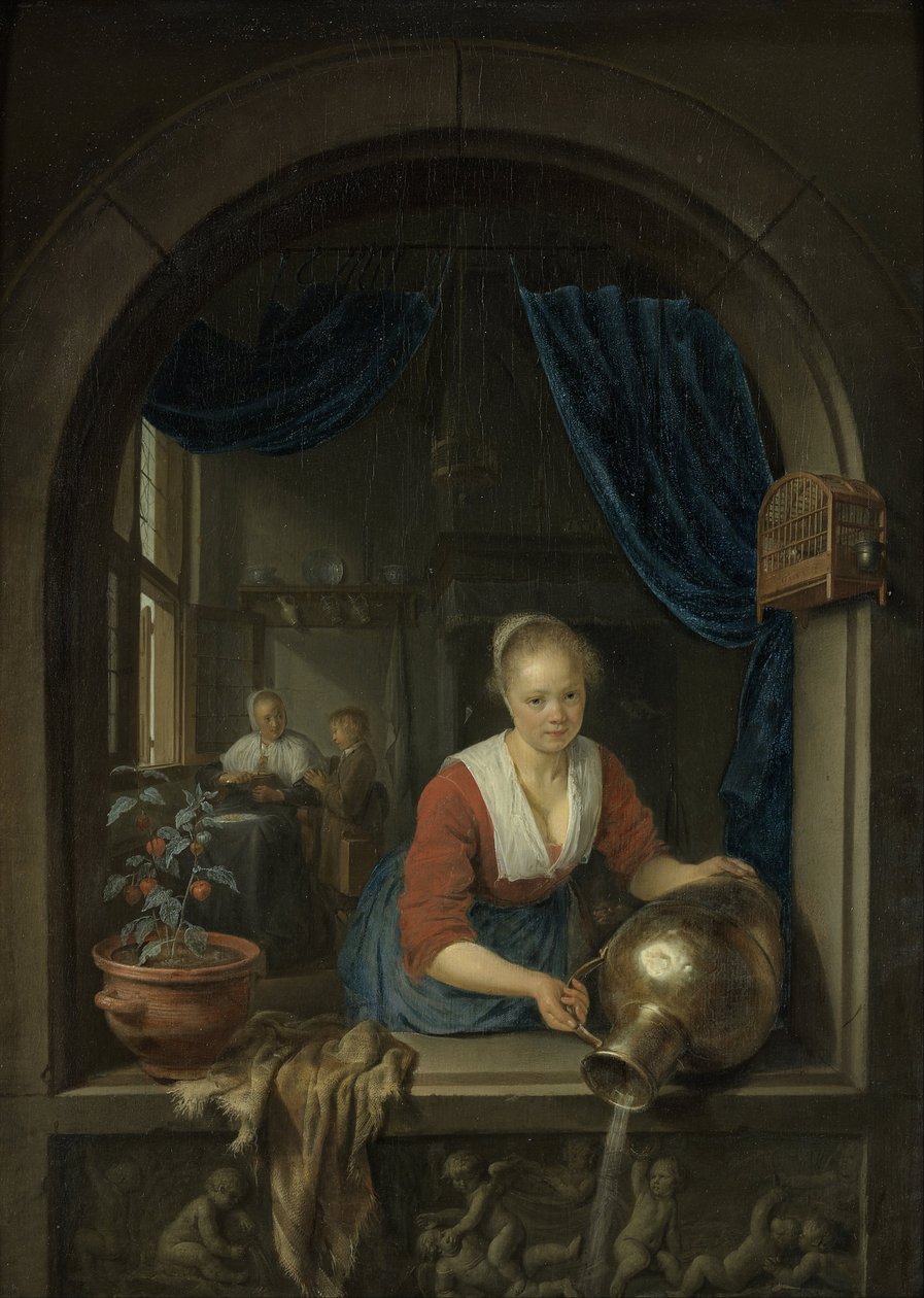 Tjänsteflicka vid fönstret, ca 1660 (olja på pannå) av Gerrit or Gerard Dou