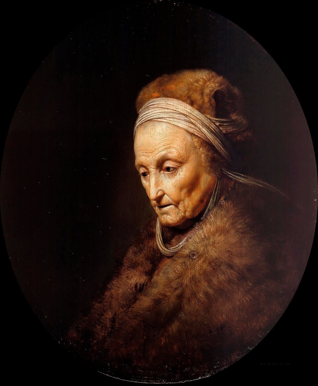 "" Porträtt av Rembrandts sjö "" (Porträtt av Rembrandts mor) Målning av Gerard Dou (Gerrit Dow) (1613-1675) Olja på trä Dim 23,1x19,7 cm Staatliche Museen, Berlin av Gerrit Dou