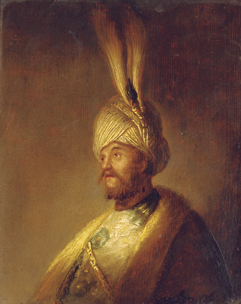 Porträtt av en man, bystlång, i en turban med en fjäder av Gerrit Dou