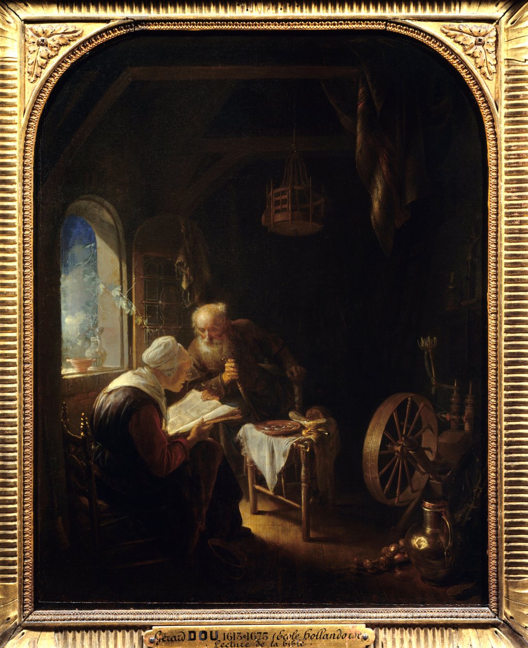Läser Bibeln eller Anne och Tobie - Målning av Gerard Dou (1613-1675) Ec Hol av Gerrit Dou
