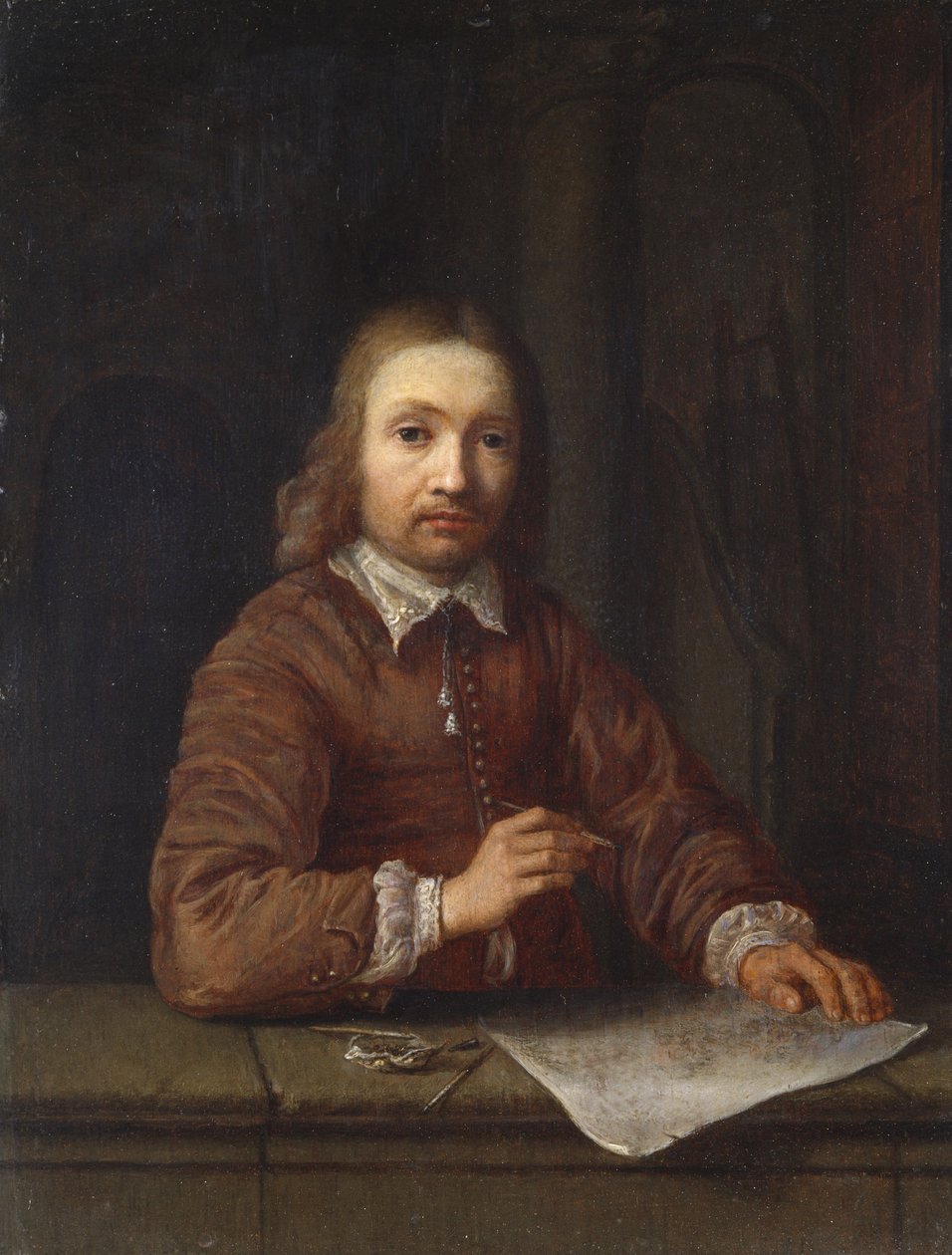 Självporträtt (olja på panel) av Gerrit Dou